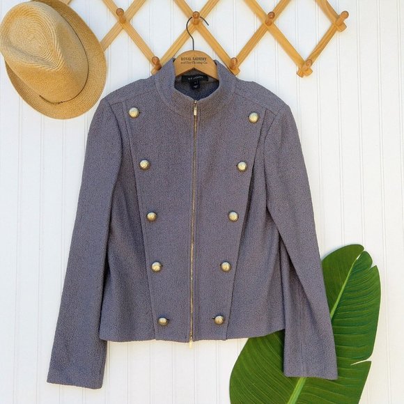 St. John Jackets & Blazers - St. John Santana Knit Military Blazer Size 10 Gray Lavender Button Zip Front